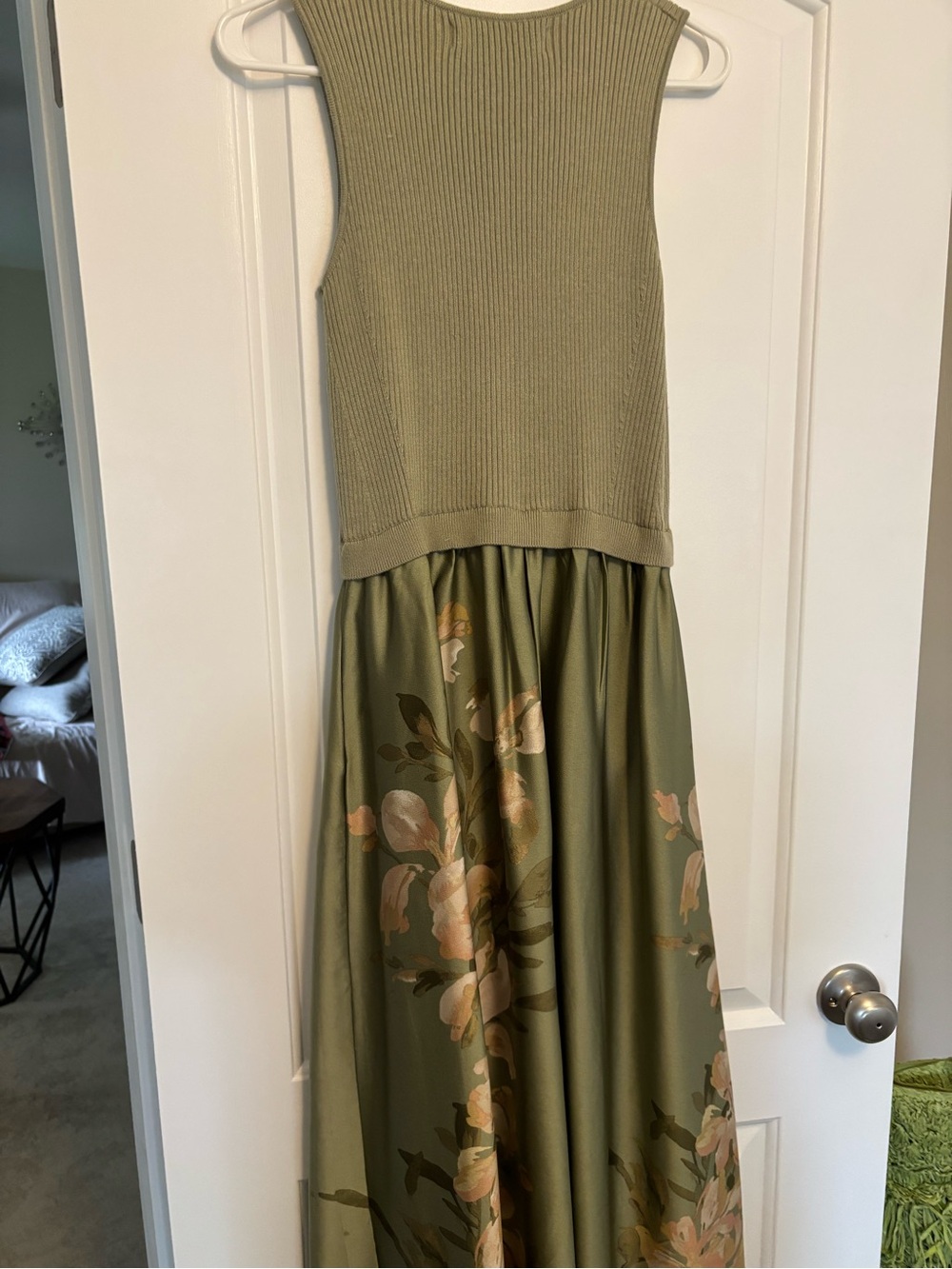 Womens Olive Green Floral Knit-Top Maxi Dress